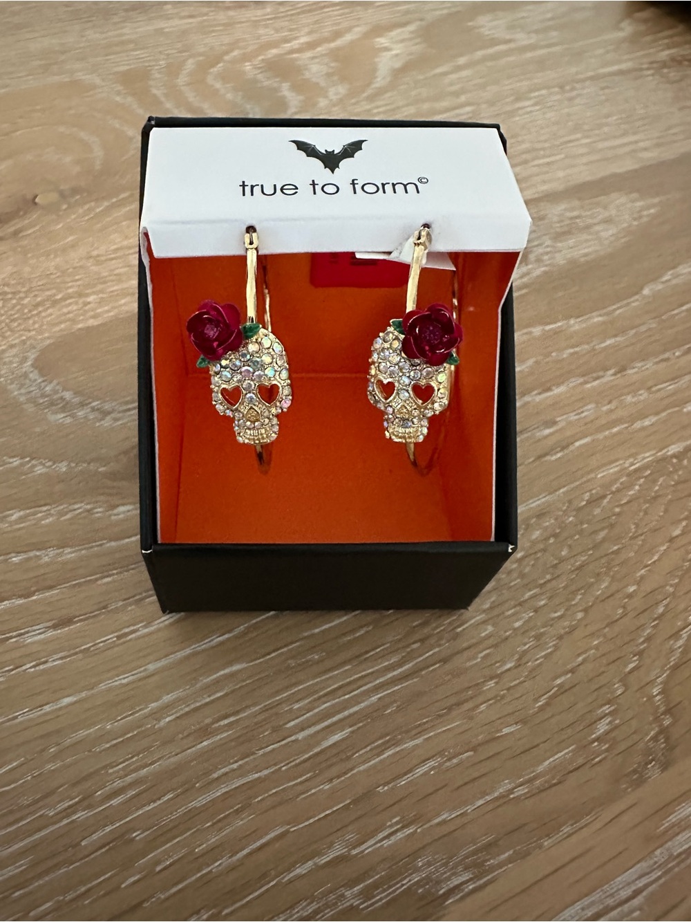 Gold Skull & Red Rose Crystal Hoop Earrings